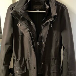 Liz Claiborne thigh length windproof jacket, soft shell, micro-fleece lining.